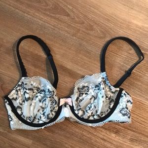 Black + White lace unlined demi bra w/ underwire